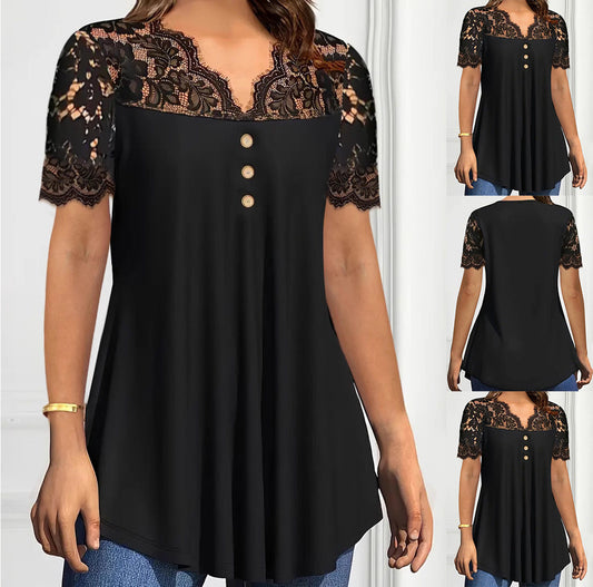 Sieviešu mežģīņu T-krekls ar V veida kakla izgriezumu