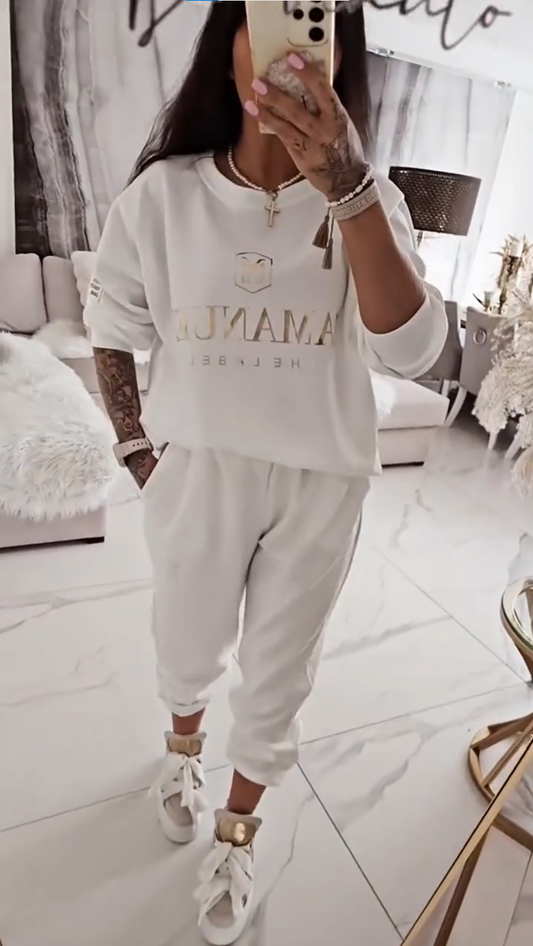 Sieviešu ikdienas komplekts, apdrukāta blūze un brīvas bikses