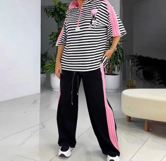 Sieviešu svītrainu krekliņu un biksu komplekts