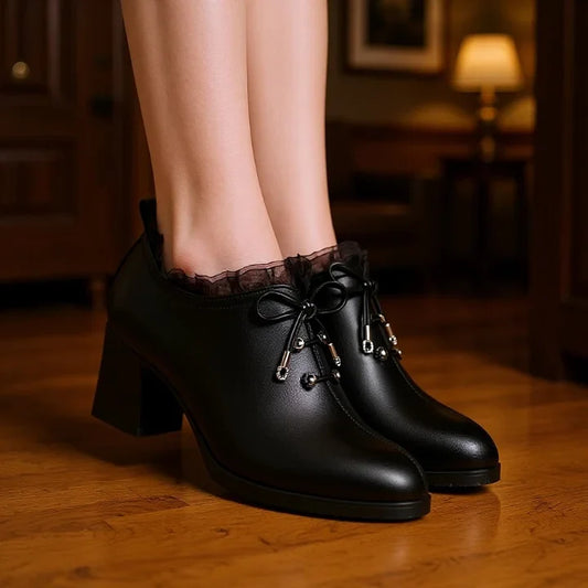 Sieviešu mežģīņu kurpes ar mīkstu zoli un biezu papēdi