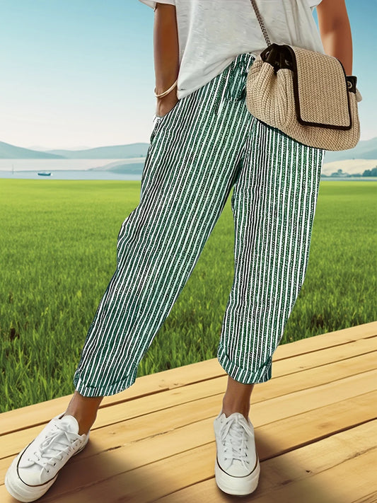 Vasaras svītrainas, brīvas, pieguļošas atpūtas bikses