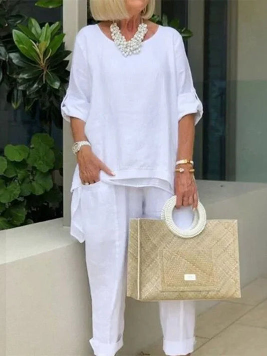 Brīvā kokvilnas un lina divdaļu brīvā laika kostīms