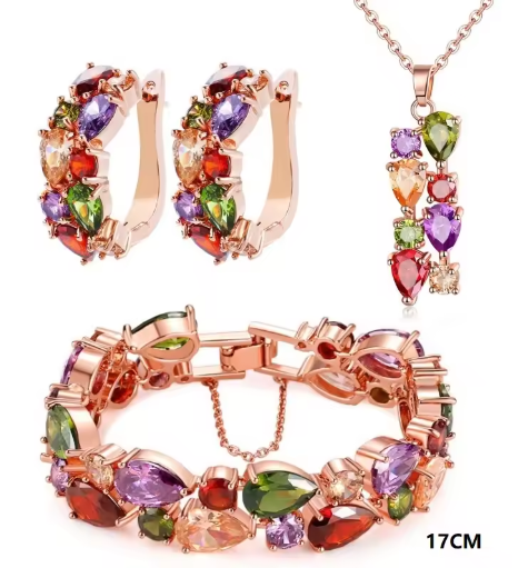 Zirconija un vara auskaru, aproces un kakla kulonu komplekts