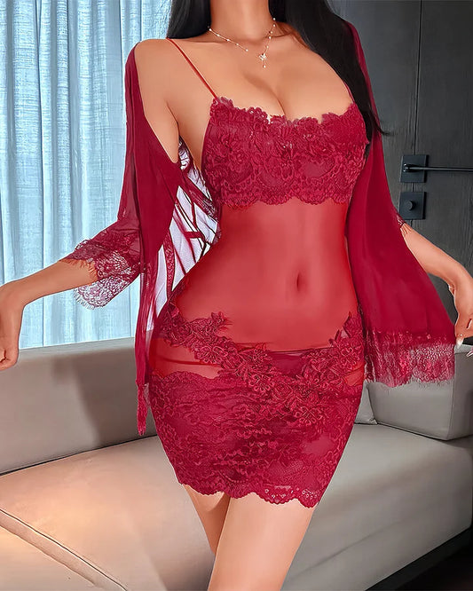 Sieviešu mežģīņu tīklveida pidžamas komplekts