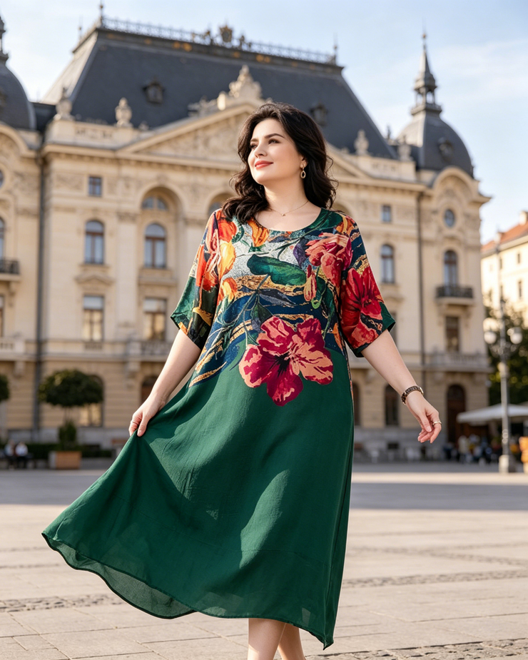 Eleganta sieviešu ziedaina lielo izmēru kleita