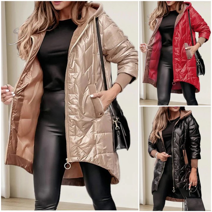 Vienkrāsaina dāmu garā jaka ar kapuci