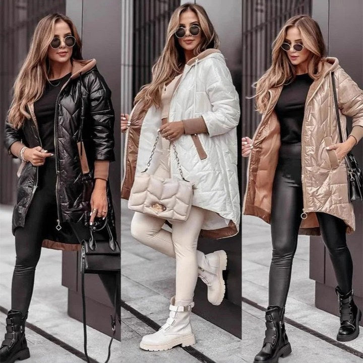 Vienkrāsaina dāmu garā jaka ar kapuci