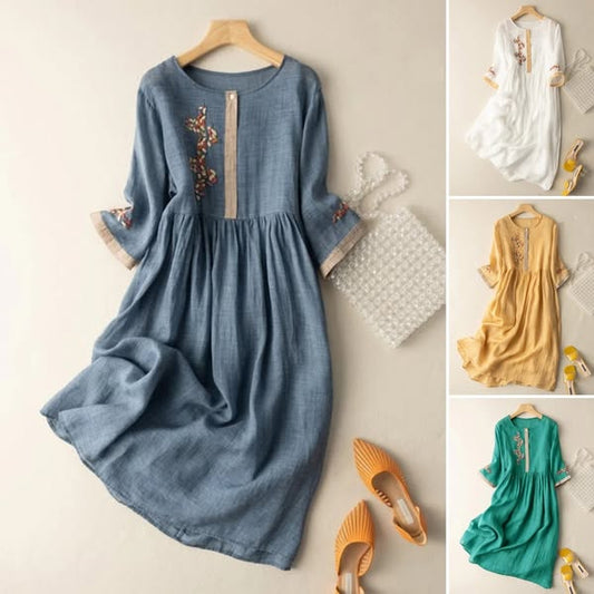 Etniskā stila kokvilnas un lina izšūta kleita