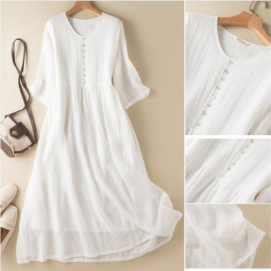 Sieviešu stilīga kleita, kas izgatavota no kokvilnas un lina