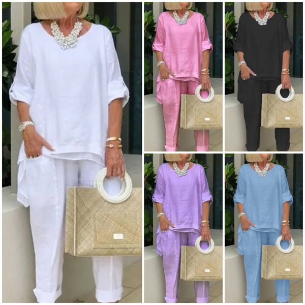 Brīvā kokvilnas un lina divdaļu brīvā laika kostīms