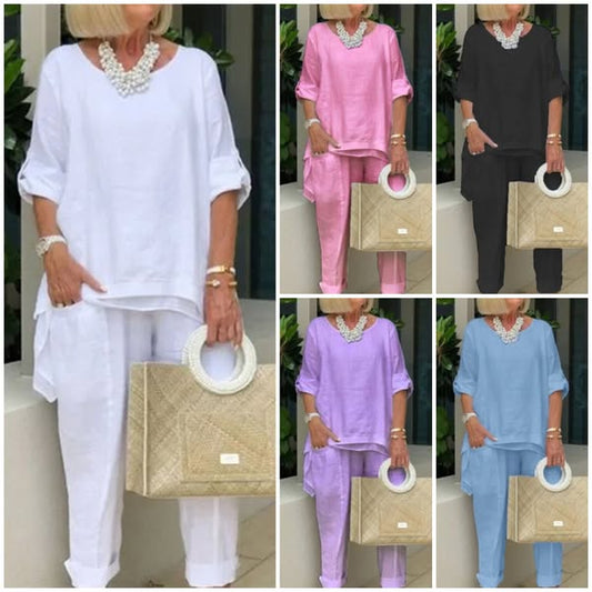 Brīvā kokvilnas un lina divdaļu brīvā laika kostīms