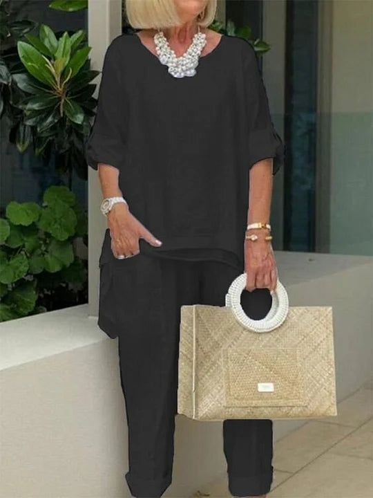 Brīvā kokvilnas un lina divdaļu brīvā laika kostīms