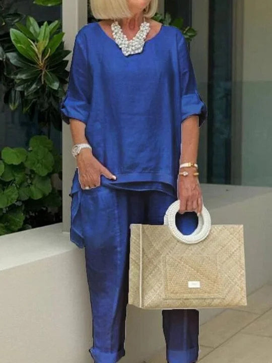 Brīvā kokvilnas un lina divdaļu brīvā laika kostīms