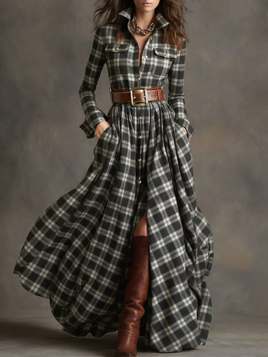 Retro rūtaina maxi kleita
