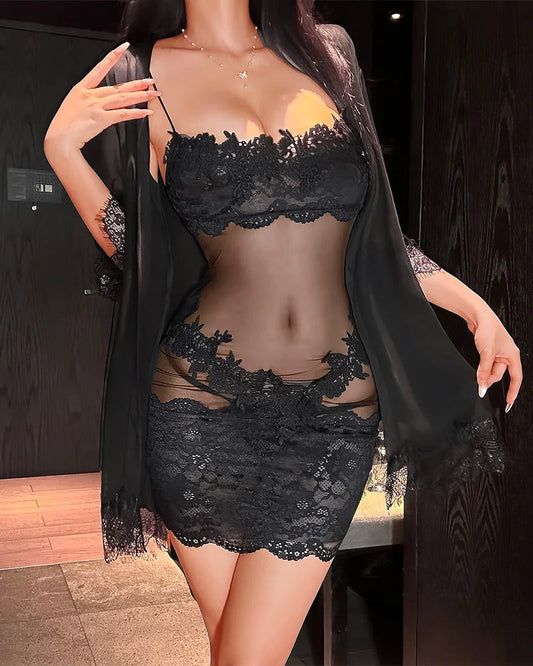 Sieviešu mežģīņu tīklveida pidžamas komplekts