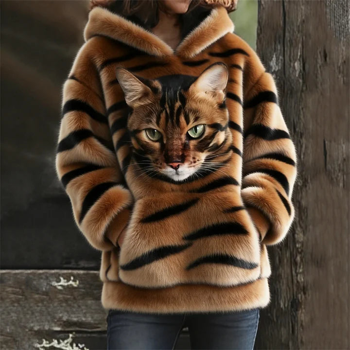 Ērts plīša džemperis ar kapuci un kaķi