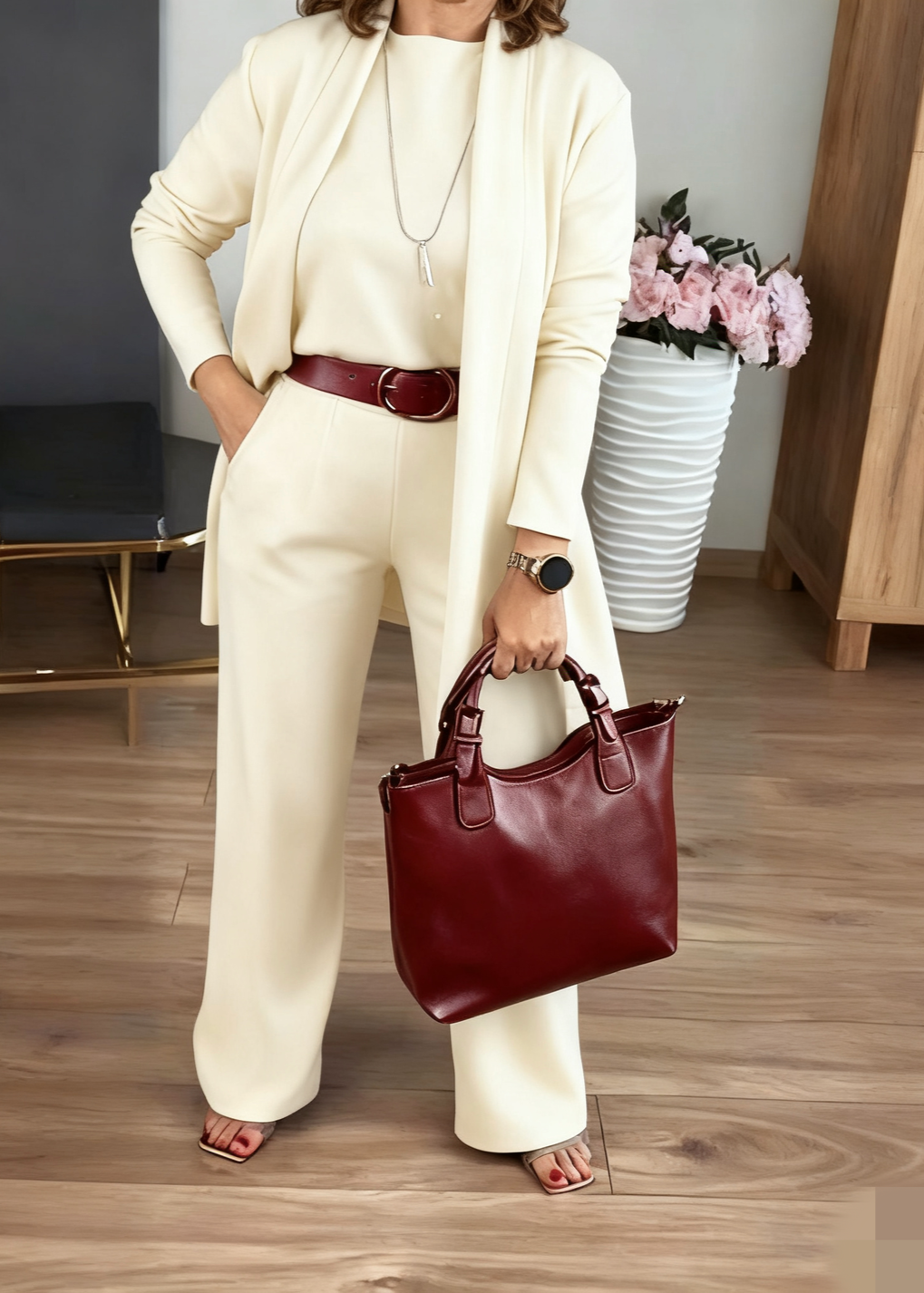 Elegants garš džemperis, blūze un bikses, 3 daļu komplekts