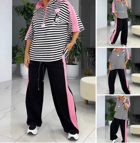 Sieviešu svītrainu krekliņu un biksu komplekts