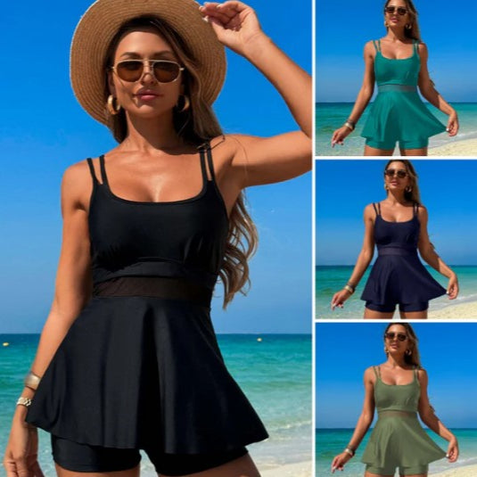 Sieviešu divdaļīgs pludmales kostīms ar augstu jostasvietu