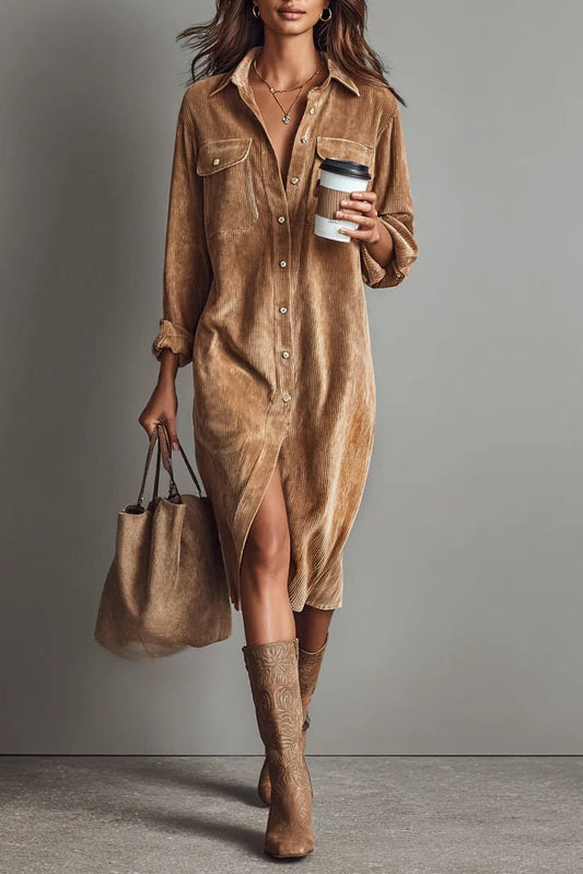 Vaļīga velvetes midi kleita ar divām krūšu kabatām