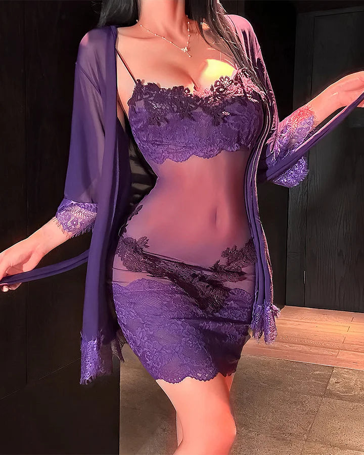 Sieviešu mežģīņu tīklveida pidžamas komplekts