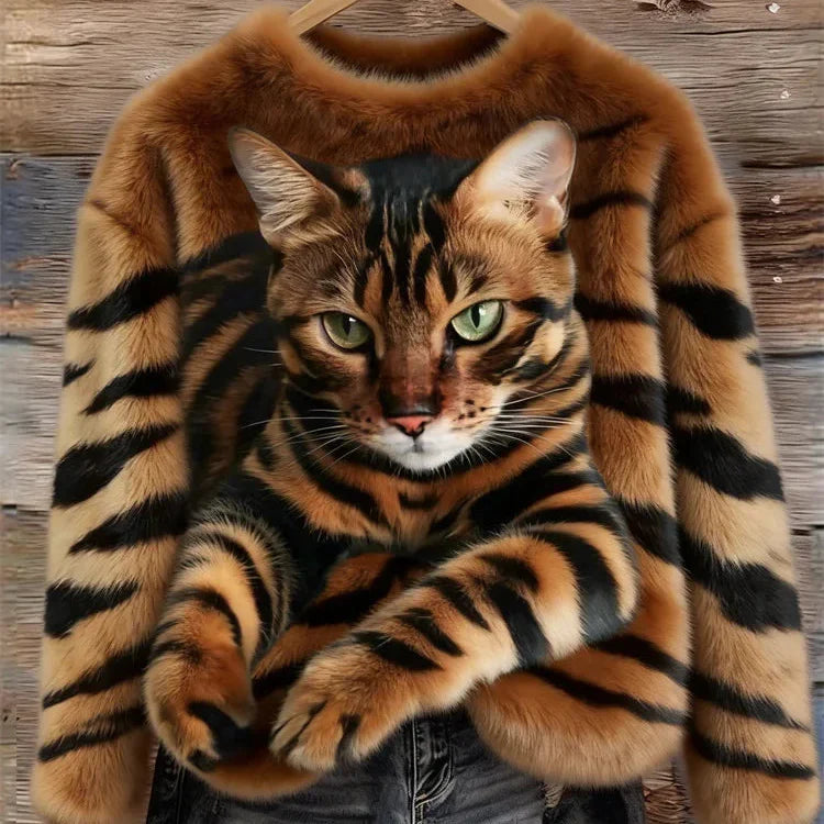 Ērts plīša džemperis ar svītrainu kaķa un tīģera apdruku